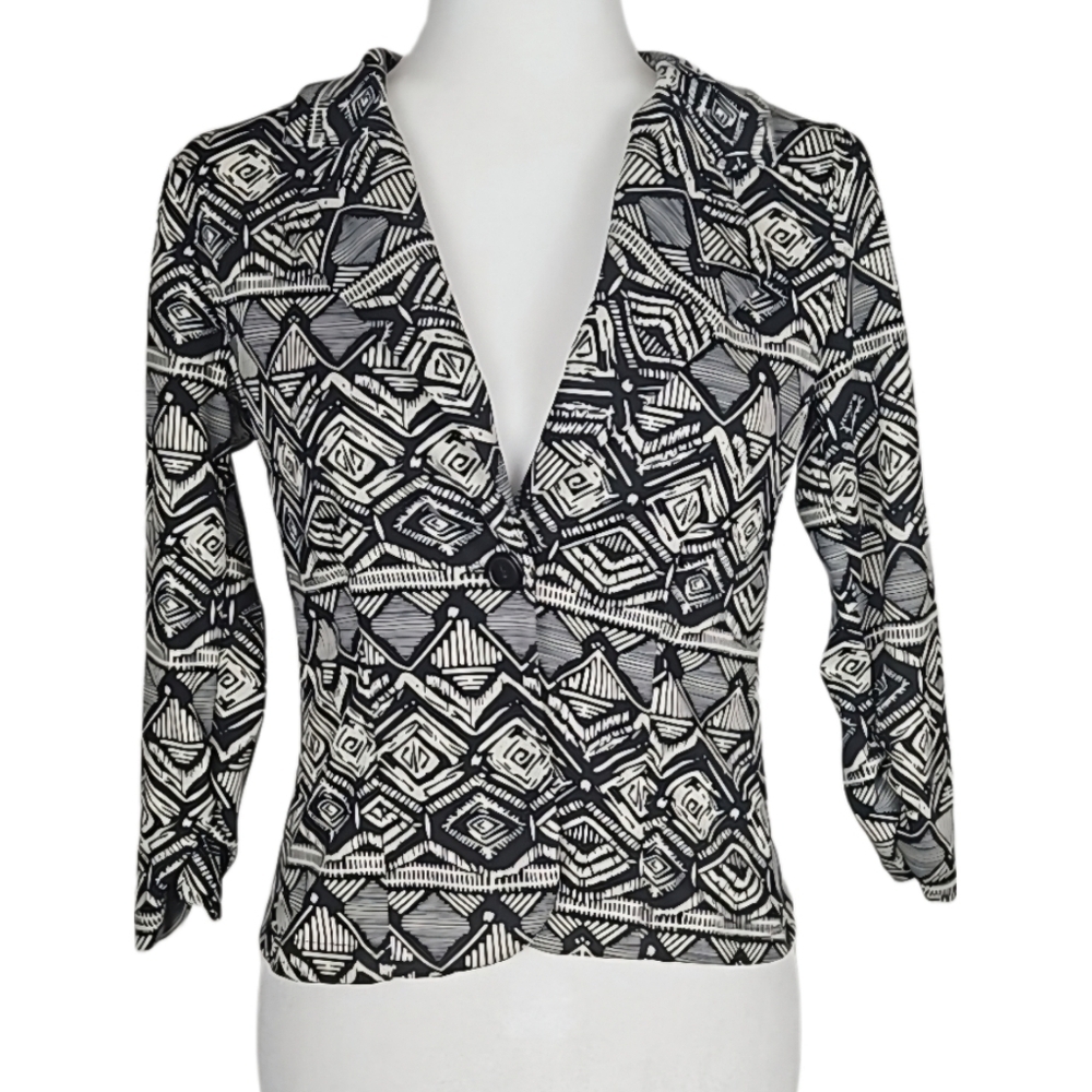 Oboe Aztec Print Fitted Blazer Jacket Black White Southwestern Office Workwear S